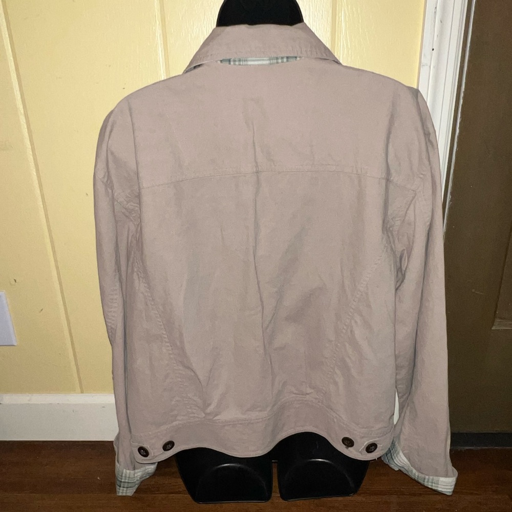 Cherokee Khaki Tan Button Up Long Sleeve Utility Jacket  Y2K Plaid Lining Size S - Picture 7 of 12